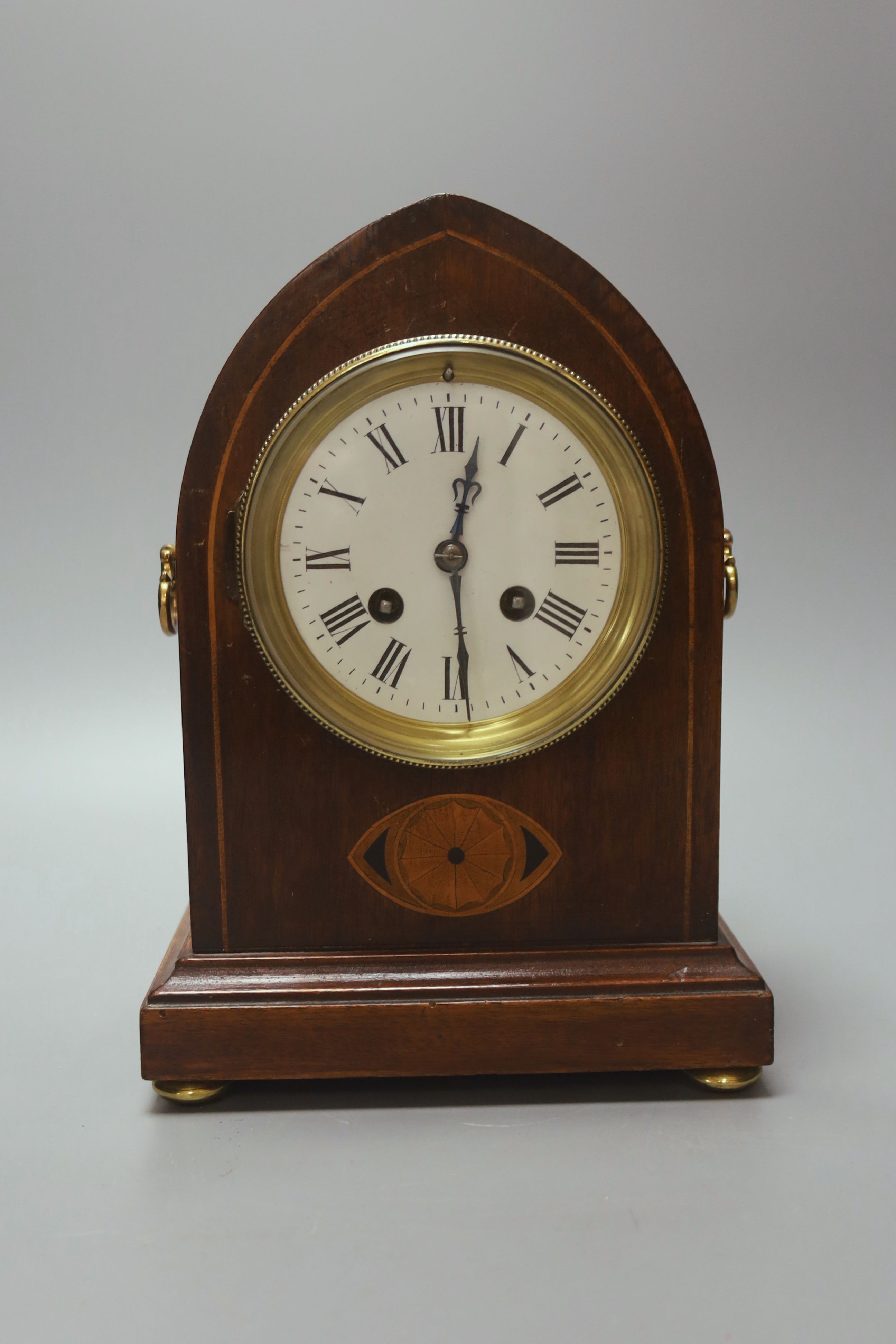 A mahogany and marquetry mantel clock, 26cm high (af) pendulum, no key